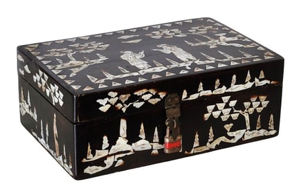 Antique Chinese Lacquer Box with Mother-of-Pearl Inlay – Landscape & Figures