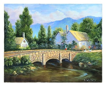 G. Whitney – Cottage by the Bridge, Oil on Canvas