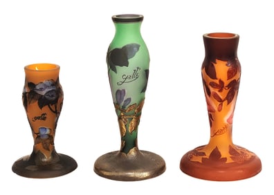 Set of Three Signed Gallé Cameo Glass Vases