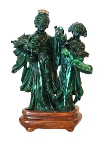Carved Malachite Figure of Oriental Couple on Wooden Base