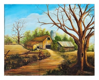 G. Whitney – Rustic Farm Scene with Barn and Trees, Oil on Canvas