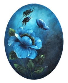 Oil on Canvas – Blue Flower and Butterfly, Signed JM – Mystery Artist