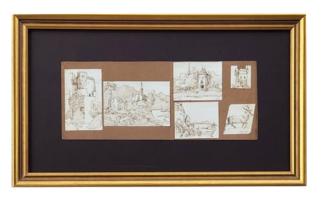Set of 19th Century European Architectural and Landscape Ink Drawings, Framed