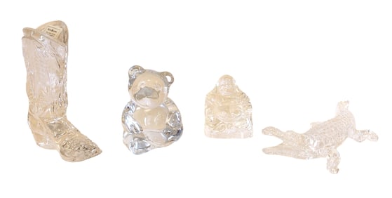 Group of Crystal Figures Including Ralph Lauren Boot, Teddy Bear, Buddha, and Alligator