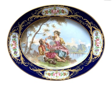 19th Century Sevres Hand-Painted Oval Porcelain Plate with Courting Scene