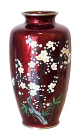 Japanese Cloisonné Vase with Plum Blossom Design on Red Ground