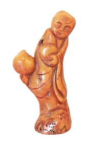 Antique Carved Red Coral Immortal Figure with Peach, Mid-20th Century
