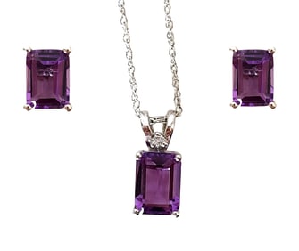 10K White Gold Amethyst and Diamond Pendant Necklace with Matching Earrings Set