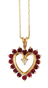 14K Yellow Gold Heart Pendant Necklace with Rubies and Diamond Accent