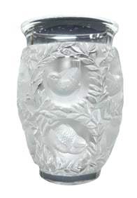 Lalique France “Moineaux?? Frosted Crystal Vase with Sparrows Motif, Signed