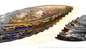 French 19th Century Sevres Porcelain Box: An antique French Sevres hinged and bronze mounted porcelain dresser box. A lid is adorned with a hand painted courting scene with a couple and a lady in a garden. The borders and the body of the ware