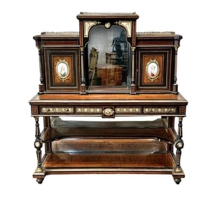 French 19th Century Bonheur Du Jour Ormolu and Sevres Style Porcelain-Mounted Amboyna and Ebony