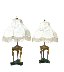 Pair of Bronze and Malachite Neoclassical Table Lamps with Fringe Shades