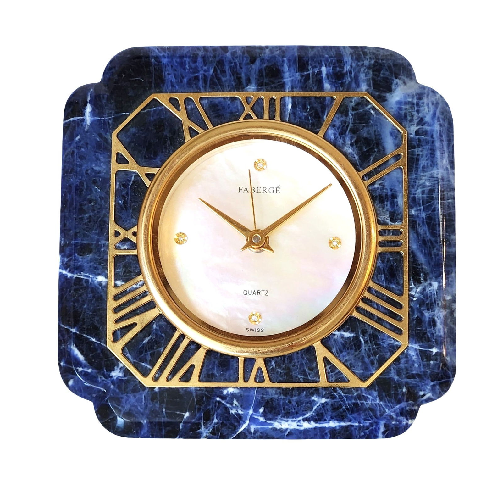 Fabergé Swiss Desk Clock in Lapis Lazuli with Mother-of-Pearl & Diamond Dial (1 of 5)