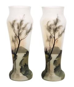 Pair of Hand-Painted Frosted Glass Vases with Landscape Motif, Early 20th C.