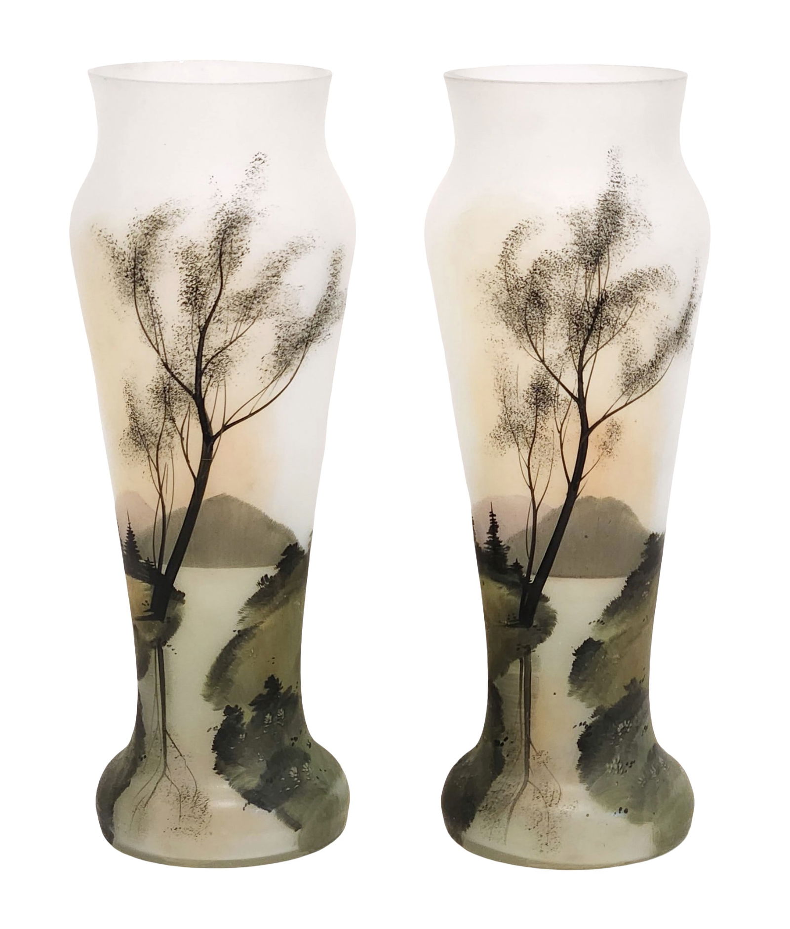 Pair of Hand-Painted Frosted Glass Vases with Landscape Motif, Early 20th C. (1 of 2)