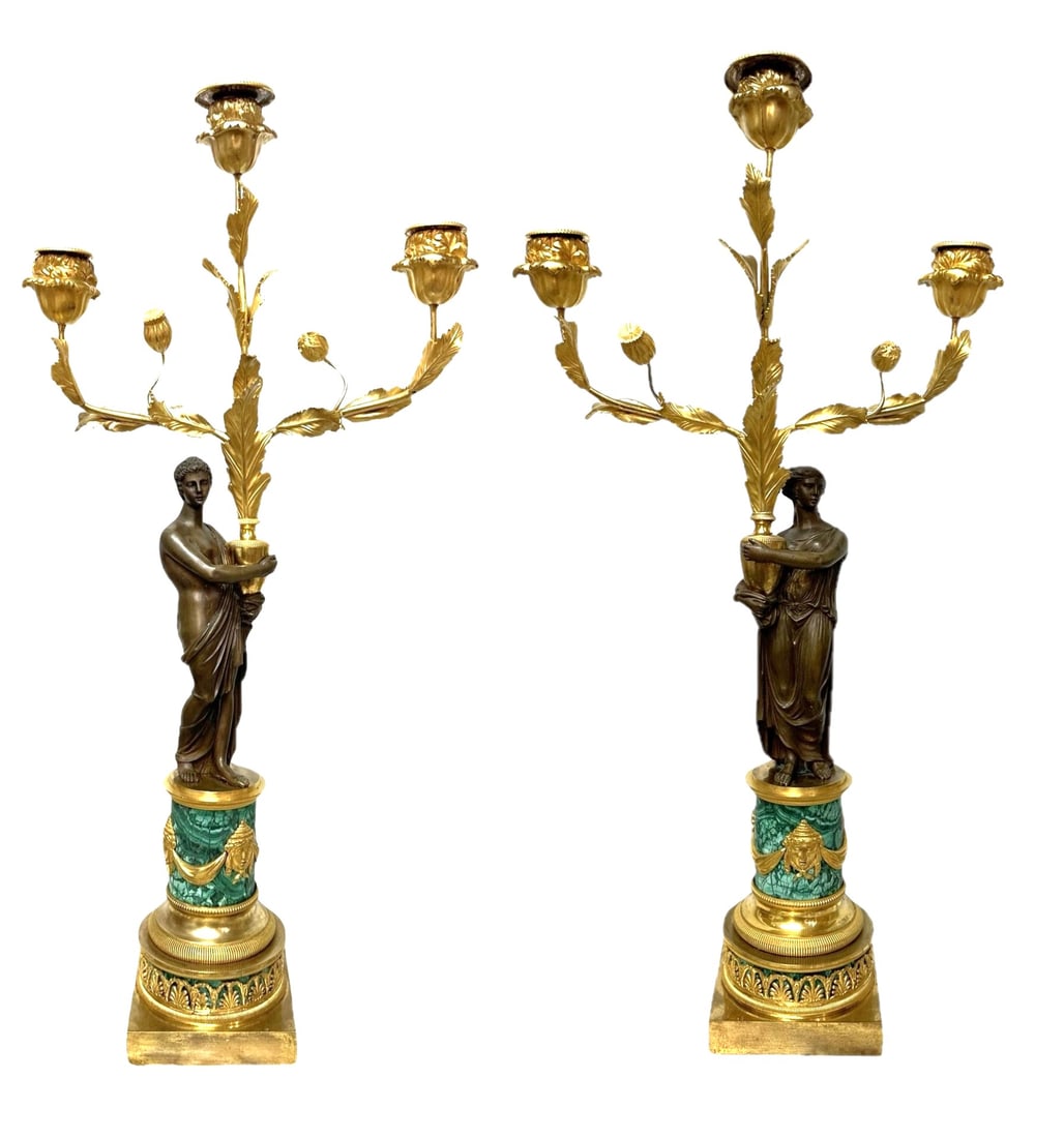 Pair of Directoire Malachite Ormolu and Patinated Bronze Three Light Candelabra: Pair of Directoire Malachite Ormolu and Patinated Bronze Three Light Candelabra Possible North European, Circa 1795 Female Figure 26 1/2" H Male Figure 26