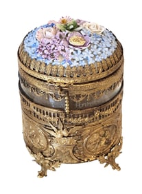 19th Century French Gilt Bronze and Porcelain Flower Musical Jewel Casket