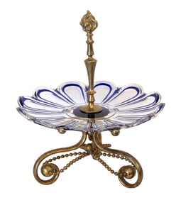 French Crystal and Bronze Centerpiece Dish with Blue Accents, 19th Century