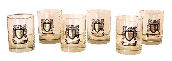 Set of 6 Vintage Onate Family Crest Whiskey Glasses with Gold Detailing