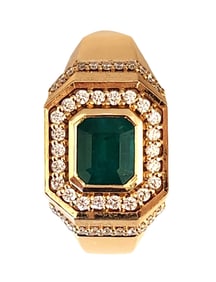 18K Yellow Gold Ring with 0.96 ct Colombian Emerald and Diamond Halo – Certified