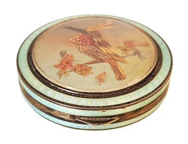 Sterling Silver and Guilloché Enamel Compact with Exotic Bird Inlay
