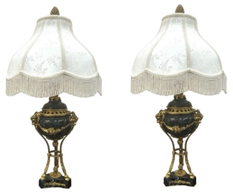 Antique Pair of Louis XVI Style Marble and Gilt Bronze Urns Table Lamps with Heads of Rams