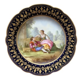 French Sevres Hand-Painted Porcelain Plate with Cobalt Border, Signed Boucher
