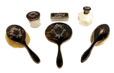 Antique English Silver and Faux Tortoiseshell Vanity Set – 6 Pieces