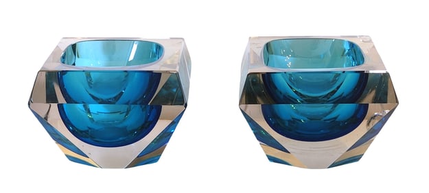 Pair of Faceted Murano Glass Bowls, Blue with Clear Casing