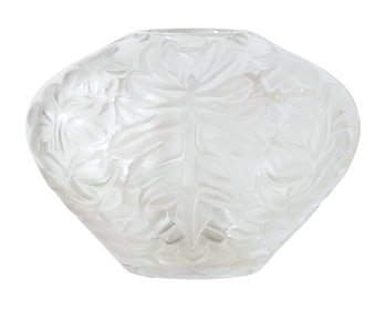 Lalique France Frosted Crystal Vase with Leaf Motif, Signed