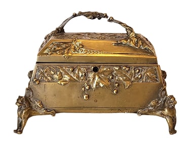 Antique Bronze Jewelry Casket with Foliate Relief & Lion Feet