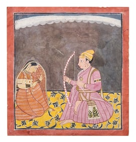 Indian Rajput Miniature Painting – Royal Archer & Courtesan Scene