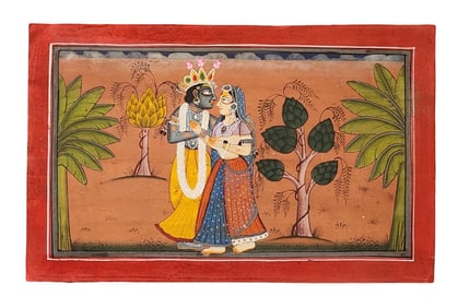 Antique Indian Miniature Painting – Krishna and Radha Embrace in Garden, with Scripted Verse Verso
