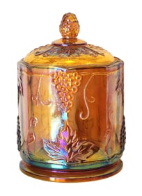 Vintage Carnival Glass Lidded Jar with Grape and Leaf Motif – Amber Iridescent Finish