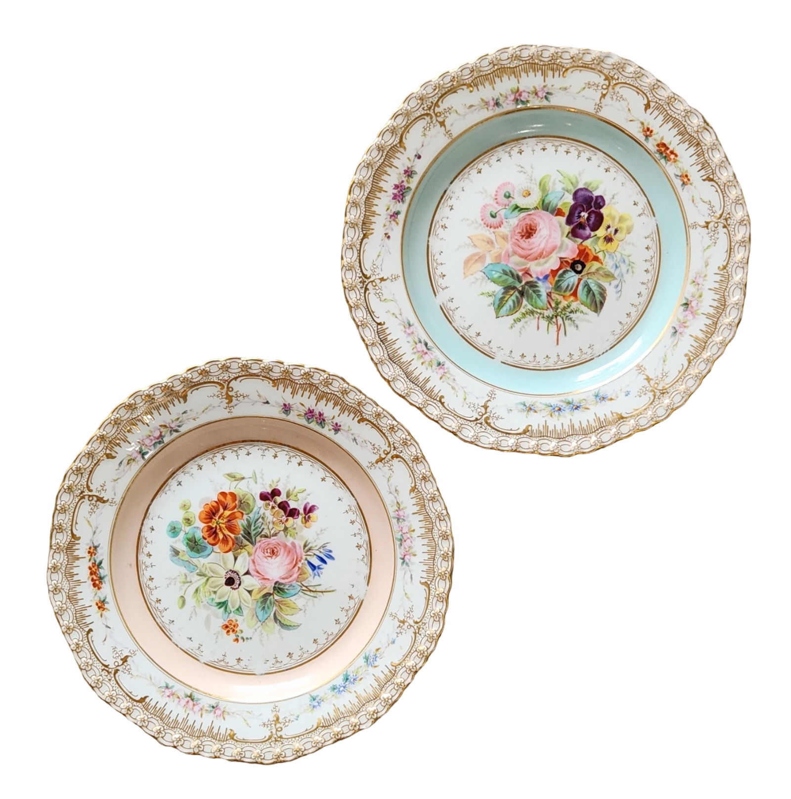 Pair of Antique KPM Berlin Hand-Painted Floral Plates with Gilt & Pastel Borders: A beautiful pair of antique KPM Berlin porcelain plates, exquisitely hand-painted with detailed floral bouquets in the center. Each plate features a different pastel border—one in soft turquoise and