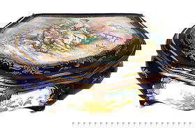 19th Century French Sevres Porcelain Box with Romantic Scene, Signed Verjot: Elegant 19th century French porcelain box, richly decorated with cobalt blue ground and gilt floral ornamentation. The lid is painted with a romantic courting scene, signed Verjot. Interior with gilt