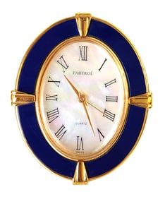 Fabergé Swiss Oval Desk Clock with Blue Enamel & Mother-of-Pearl Dial