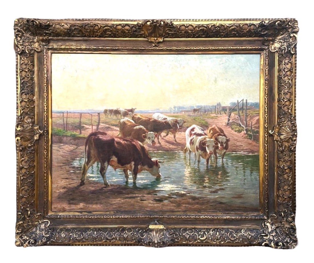 Leon Barillot (1844 - 1929) France: Leon Barillot (1844 - 1929) France Oil on Canvas Measure 35"in H x 46"in W and 49 1/2"in J x 60"in W x 4"in D with frame Known for: Rural landscape, animal painting Biogr