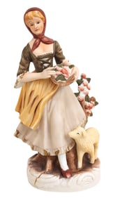 Hand-Painted Porcelain Figure of a Shepherdess with Lamb, 19th/20th C.