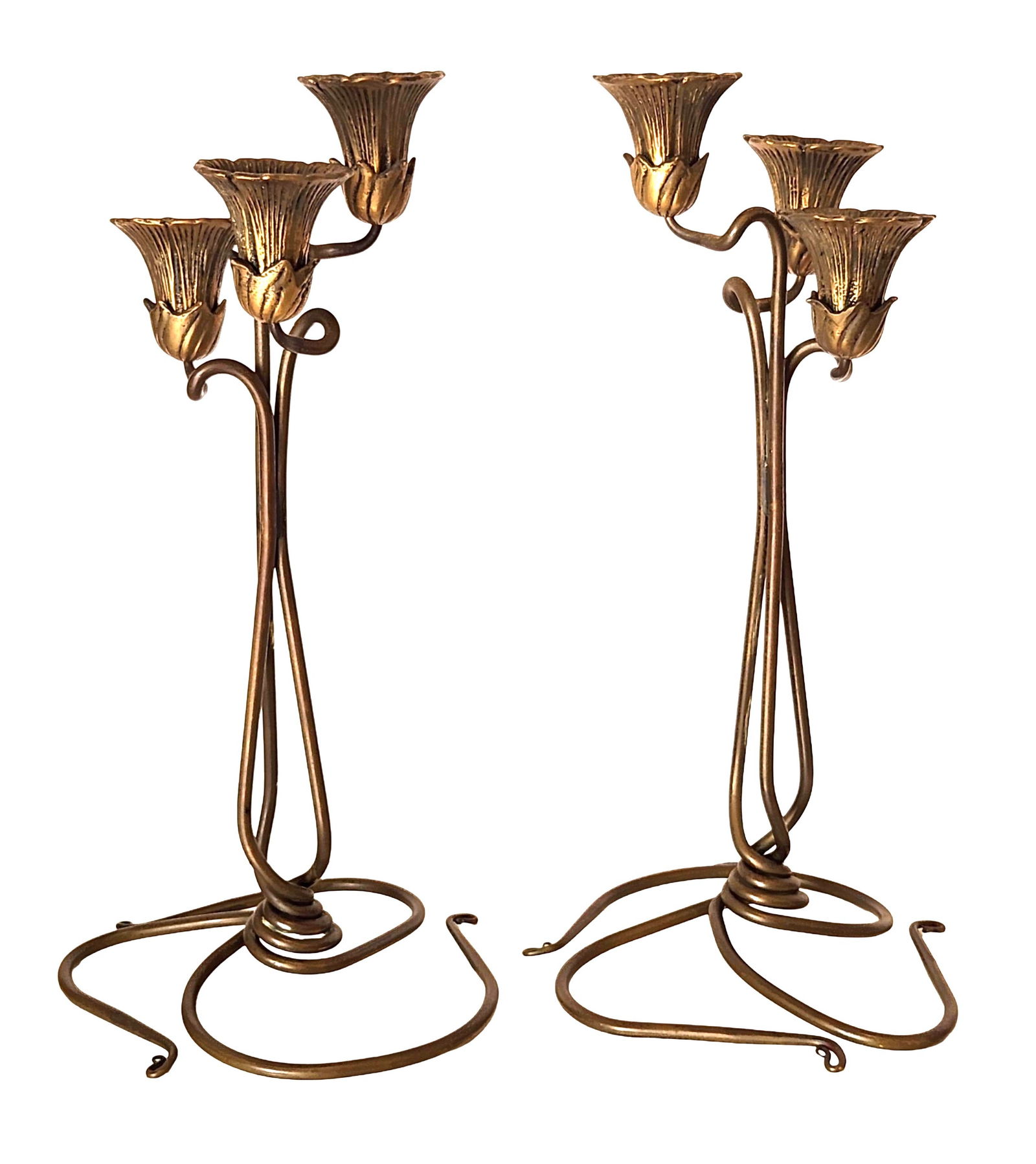 Pair of Art Nouveau Style Gilt Metal Floral Candelabra, Early 20th C.: Elegant pair of Art Nouveau style gilt metal candelabra, each designed with three candle holders in the shape of blooming flowers, raised on intertwining wire-form bases. The organic lines and floral