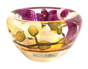 Emilio Robba Art Glass Bowl with Encased Orchids