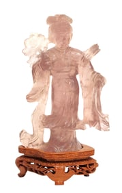 Carved Rose Quartz Figure of a Lady with Flower on Wooden Stand