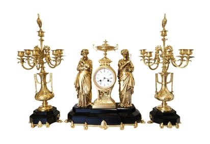 French Figural Gilt Bronze Mantel Clock and Candelabra Garnitures