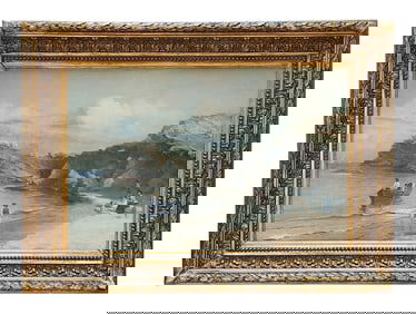 Antique French School Painting Coastline with Fishing Boat and Family