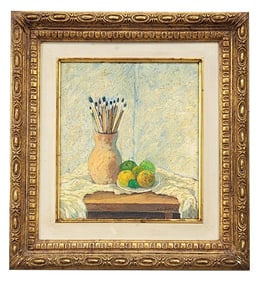 Signed A. Scorches Still Life with Brushes and Fruit, 1973