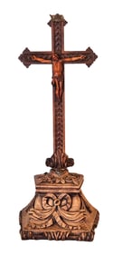 Antique Hand-Carved Wood Crucifix with Christ Figure and Ornate Base