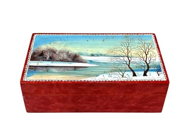 Russian Hand-Painted Wooden Box with Winter Landscape Scene, Signed