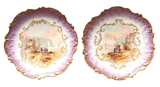 Pair of Antique C.T. Tielsch Hand-Painted Scenic Plates – Germany, c. Late 19th Century