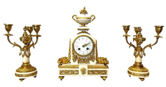 Antique French 19th Century Gilt Bronze Mantle Clock Set